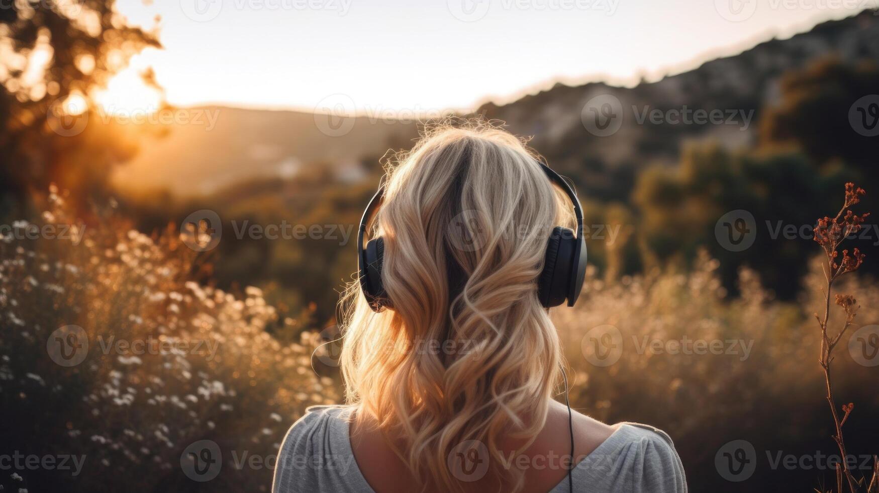 AI generated Music therapy, harmony, mental health concept. Pretty young woman enjoying music with headphones outdoors. Woman wearing headphones enjoying music and good vibes photo