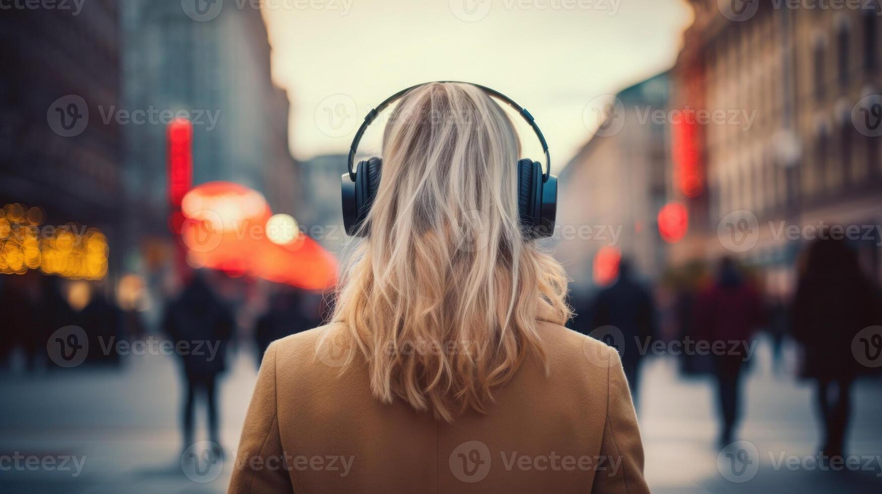 AI generated Music therapy, harmony, mental health concept. Pretty young woman enjoying music with headphones outdoors. Woman wearing headphones enjoying music and good vibes photo