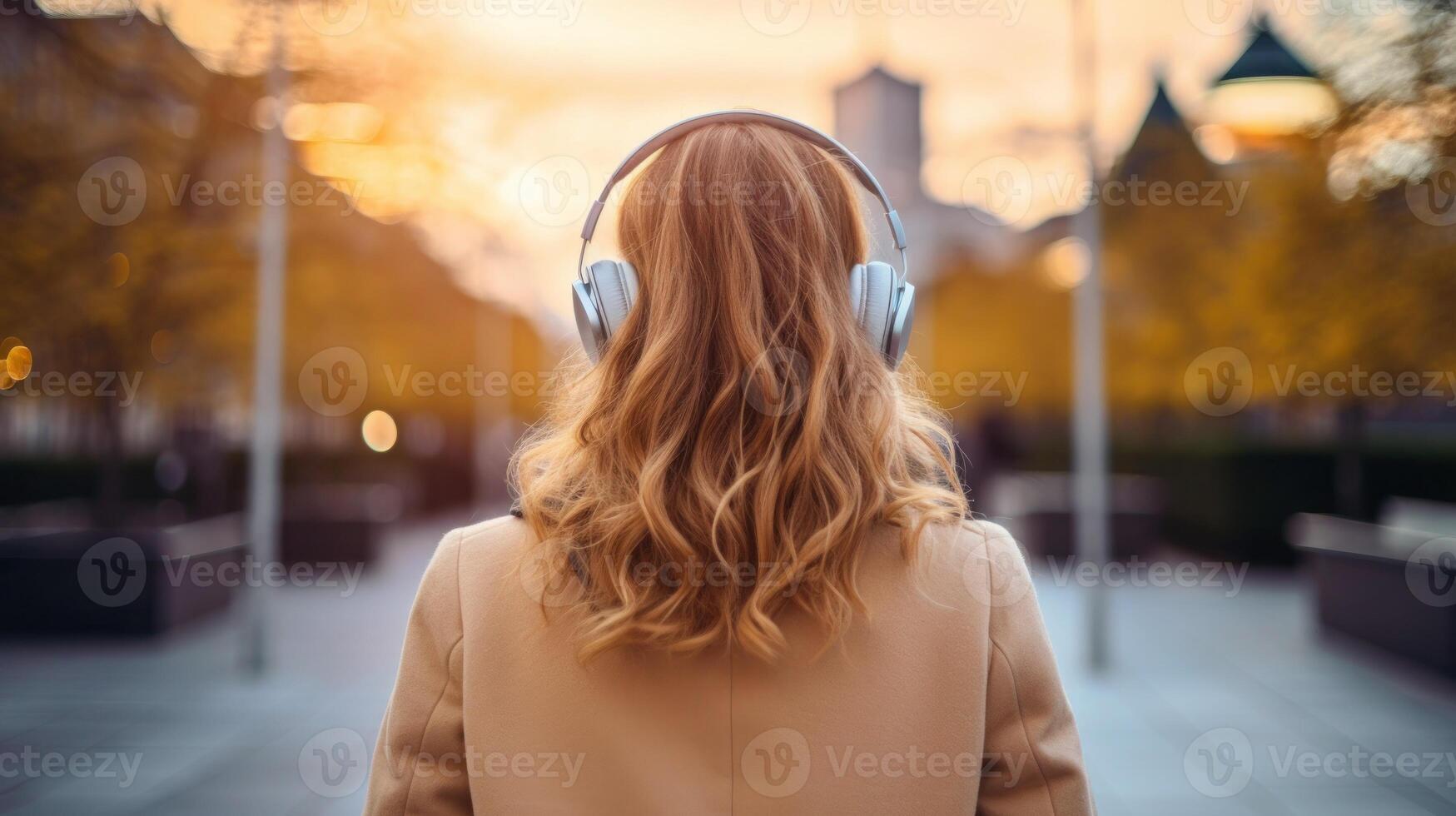 AI generated Music therapy, harmony, mental health concept. Pretty young woman enjoying music with headphones outdoors. Woman wearing headphones enjoying music and good vibes photo