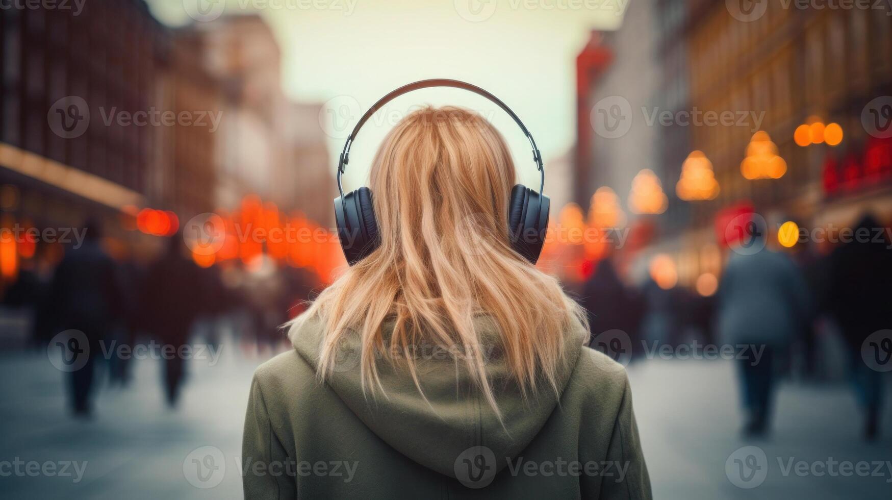 AI generated Music therapy, harmony, mental health concept. Pretty young woman enjoying music with headphones outdoors. Woman wearing headphones enjoying music and good vibes photo