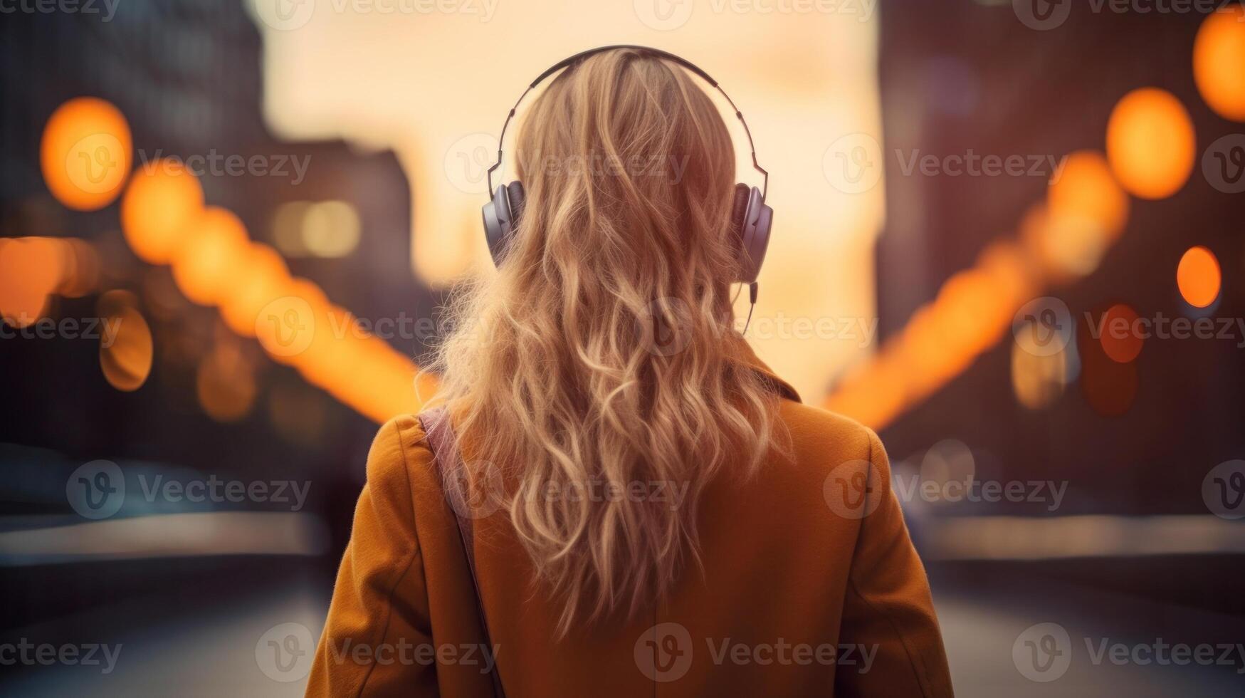 AI generated Music therapy, harmony, mental health concept. Pretty young woman enjoying music with headphones outdoors. Woman wearing headphones enjoying music and good vibes photo