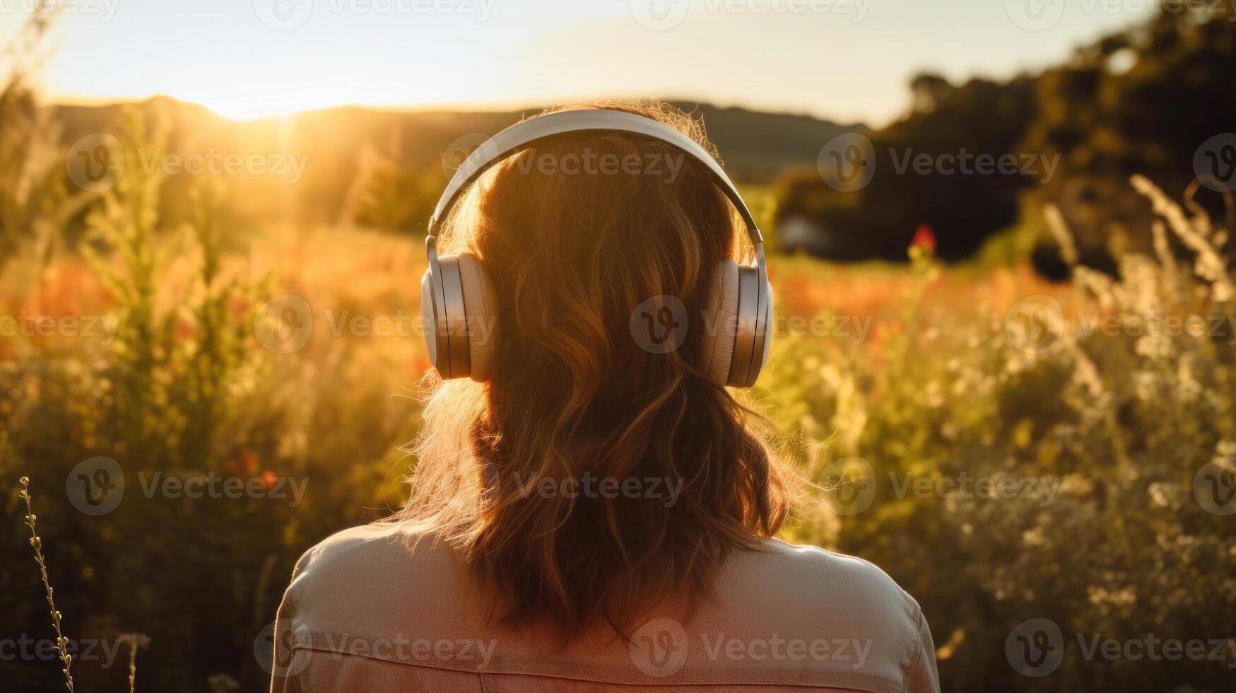 ai generado música terapia, armonía, mental salud concepto. bonito joven mujer disfrutando música con auriculares al aire libre. mujer vistiendo auriculares disfrutando música y bueno vibraciones foto