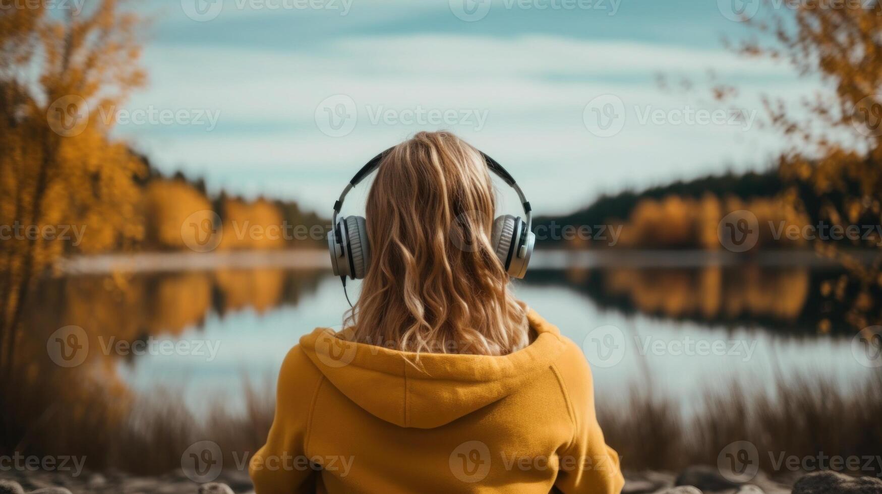 AI generated Music therapy, harmony, mental health concept. Pretty young woman enjoying music with headphones outdoors. Woman wearing headphones enjoying music and good vibes photo