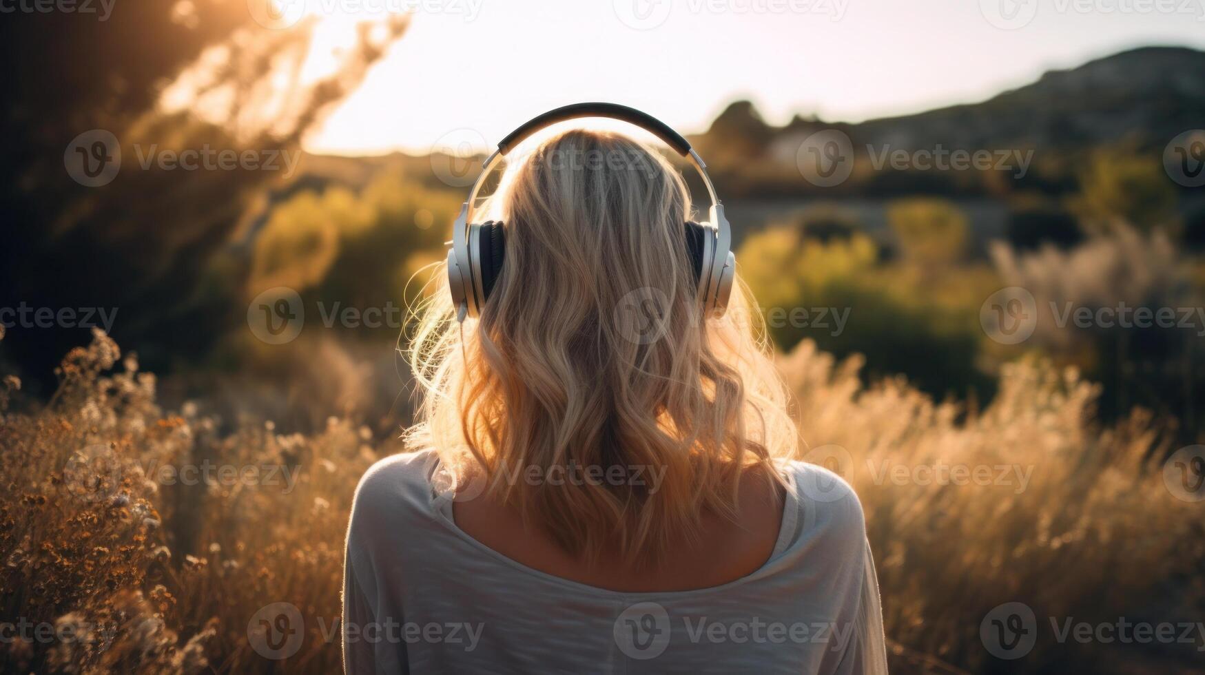 AI generated Music therapy, harmony, mental health concept. Pretty young woman enjoying music with headphones outdoors. Woman wearing headphones enjoying music and good vibes photo