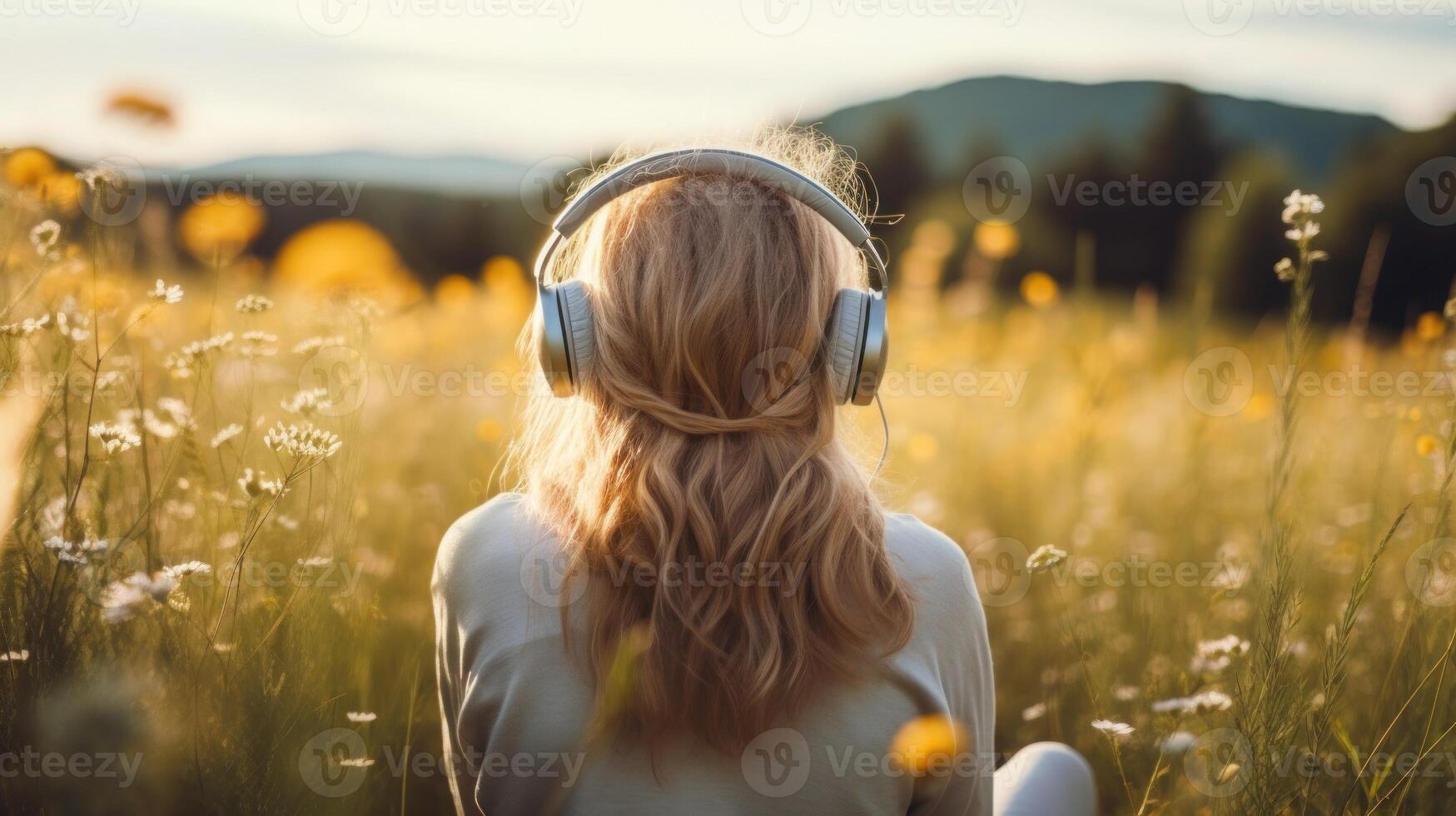 AI generated Music therapy, harmony, mental health concept. Pretty young woman enjoying music with headphones outdoors. Woman wearing headphones enjoying music and good vibes photo