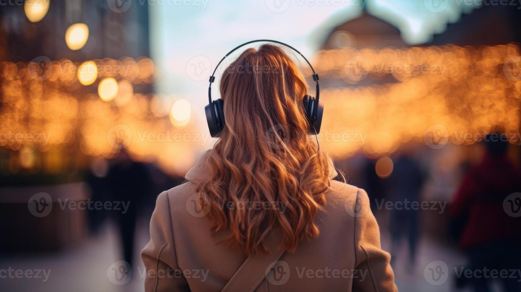 AI generated Music therapy, harmony, mental health concept. Pretty young woman enjoying music with headphones outdoors. Woman wearing headphones enjoying music and good vibes photo