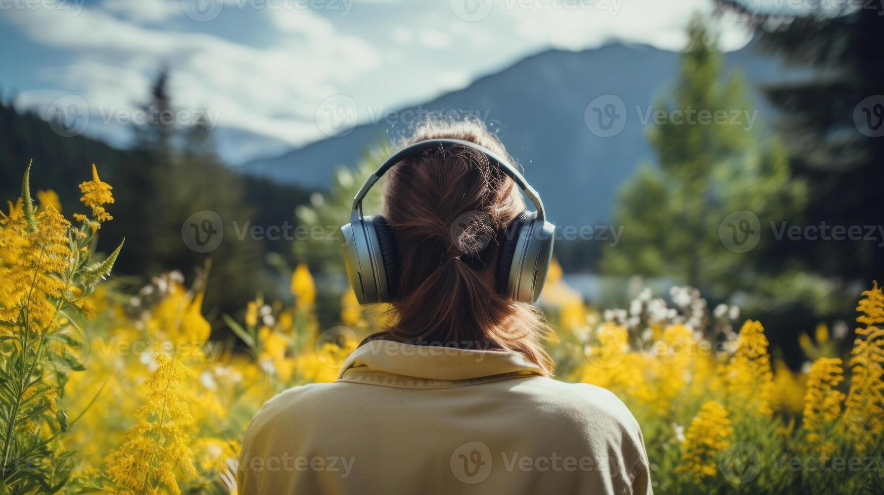 AI generated Music therapy, harmony, mental health concept. Pretty young woman enjoying music with headphones outdoors. Woman wearing headphones enjoying music and good vibes photo