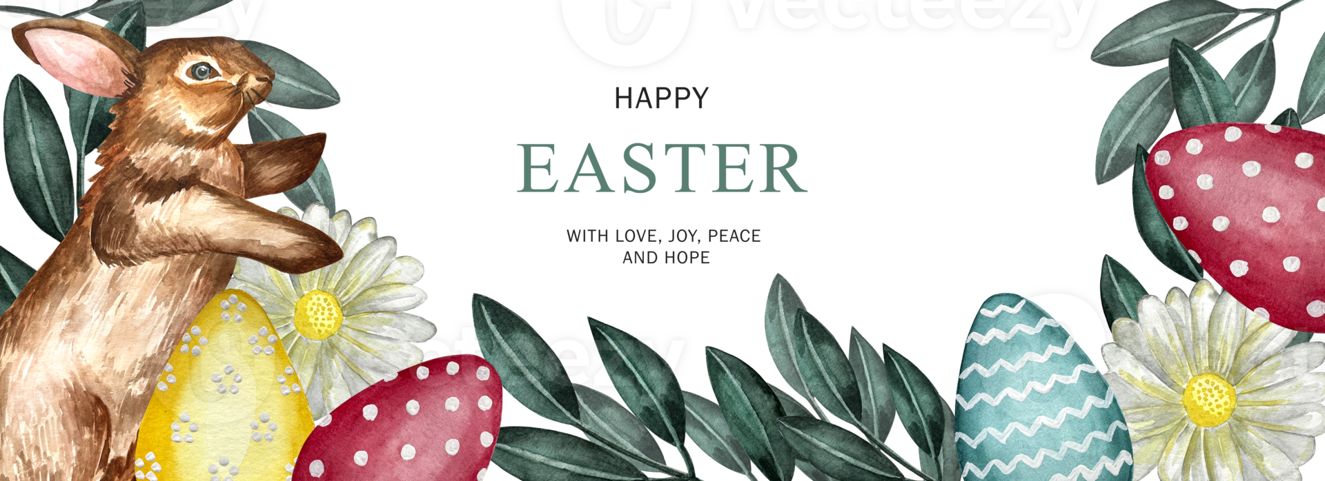 Happy Easter rabbit, eggs, spring flowers and chick in pastel colors on light green watercolor decoration elements. png