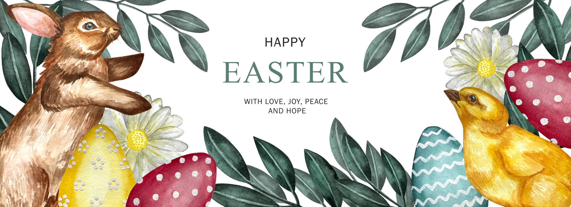 Happy Easter rabbit, eggs, spring flowers and chick in pastel colors on light green background watercolor decoration elements. png