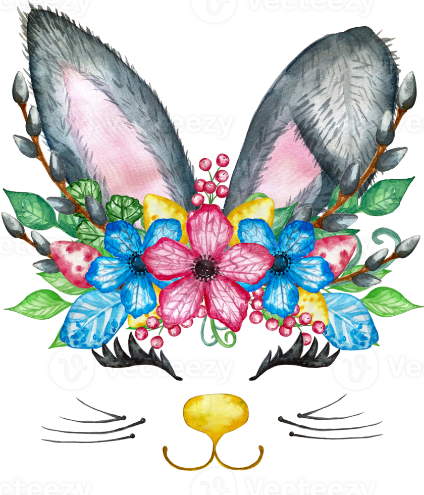 Watercolor bunny ears illustration. Rabbit with spring bouquet. Flowers blossom, willow and bunny ears, gentle rose, branches, green leaves. Perfect for invitations, greeting cards, posters png