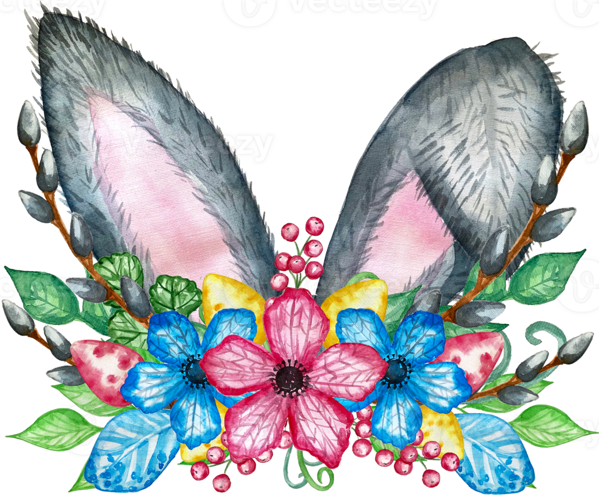 Watercolor bunny ears illustration. Rabbit with spring bouquet. Flowers blossom, willow and bunny ears, gentle rose, branches, green leaves. Perfect for invitations, greeting cards, posters png