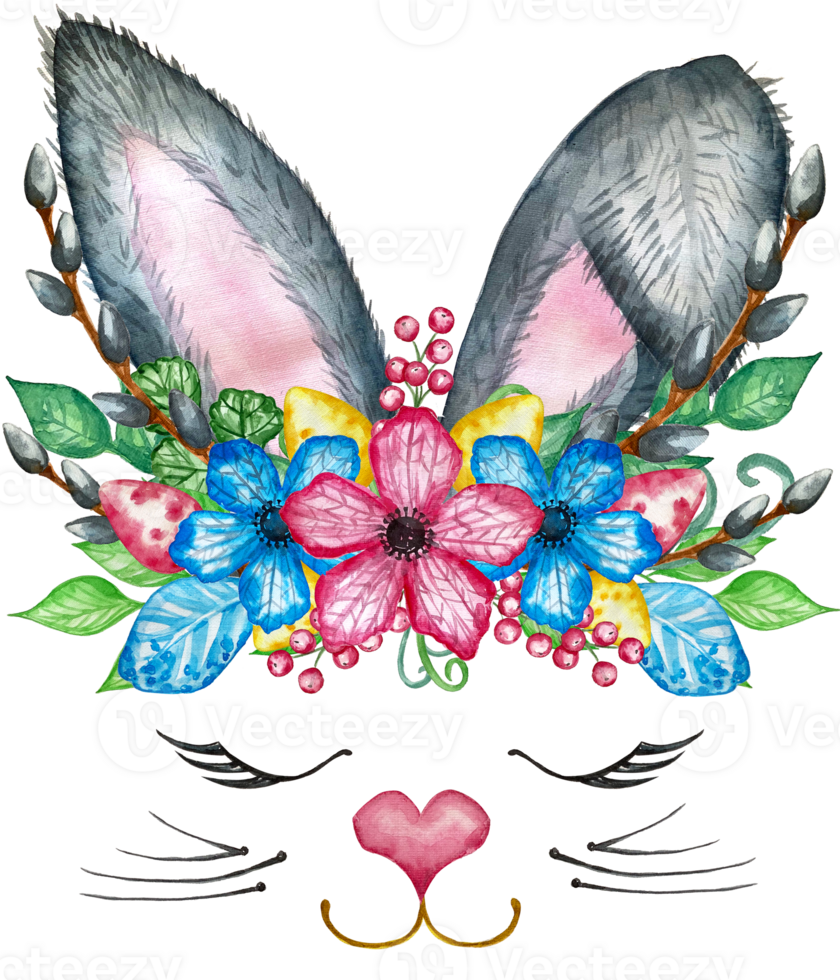 Watercolor bunny ears illustration. Rabbit with spring bouquet. Flowers blossom, willow and bunny ears, gentle rose, branches, green leaves. Perfect for invitations, greeting cards, posters png
