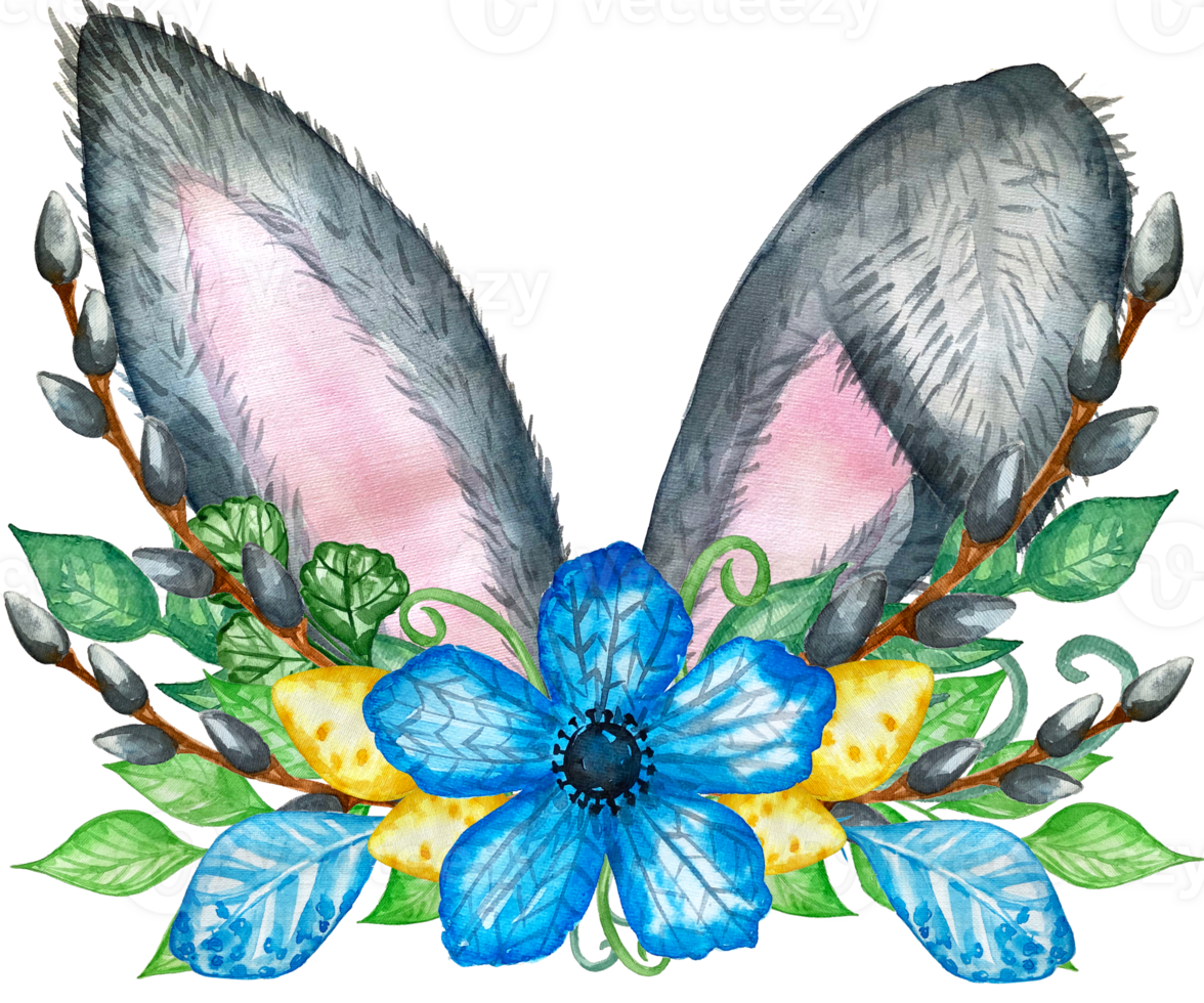 Watercolor bunny ears illustration. Rabbit with spring bouquet. Flowers blossom, willow and bunny ears, gentle rose, branches, green leaves. Perfect for invitations, greeting cards, posters png