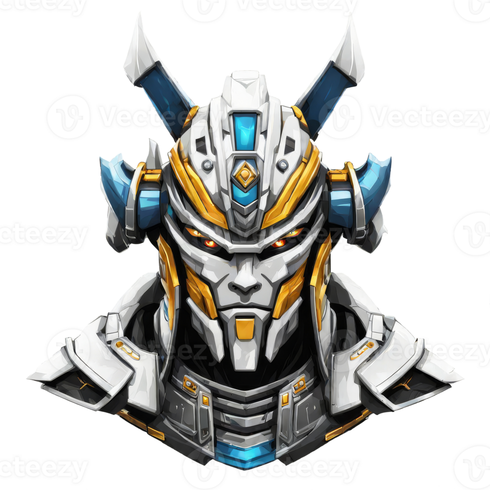 AI generated a robot head with a helmet and blue and yellow armor png