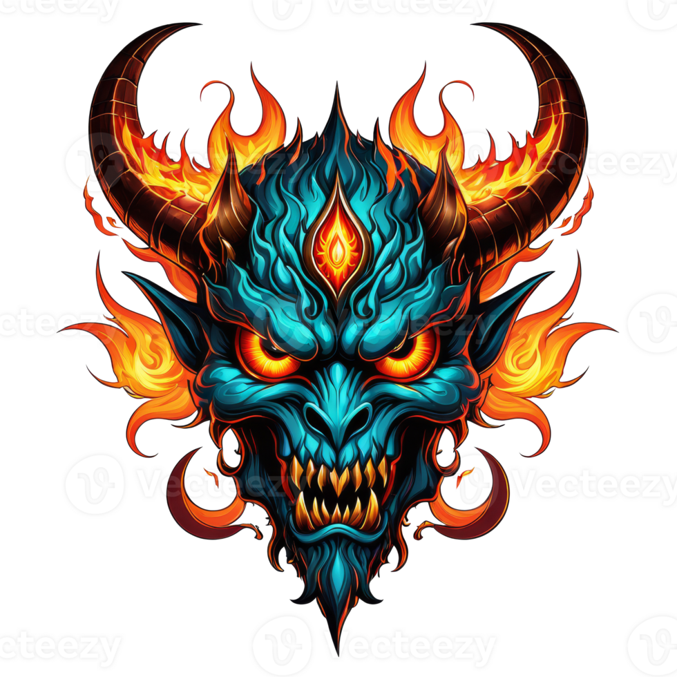 AI generated a demon head with flames and horns on it png