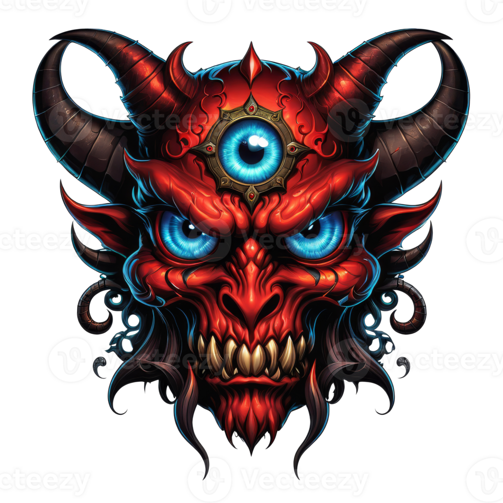 ai généré diable visage avec bleu yeux et cornes png