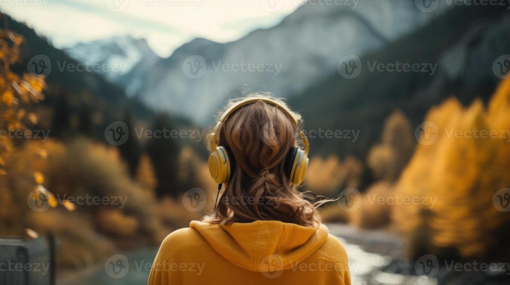 AI generated Music therapy, harmony, mental health concept. Pretty young woman enjoying music with headphones outdoors. Woman wearing headphones enjoying music and good vibes photo