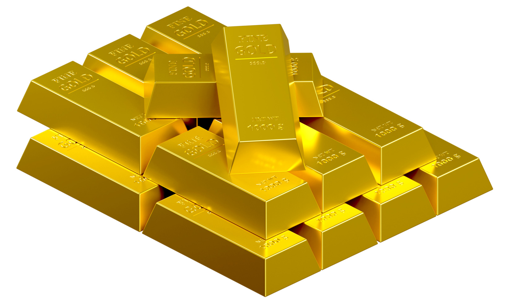 Goldbarren, Feingoldbarren, Goldschatz. Banken, Geschäfte, Investitionen und Wechselkurse, Goldmarkt. Posterdesign und Infografiken mit transparentem Hintergrund. 3D-Darstellung png