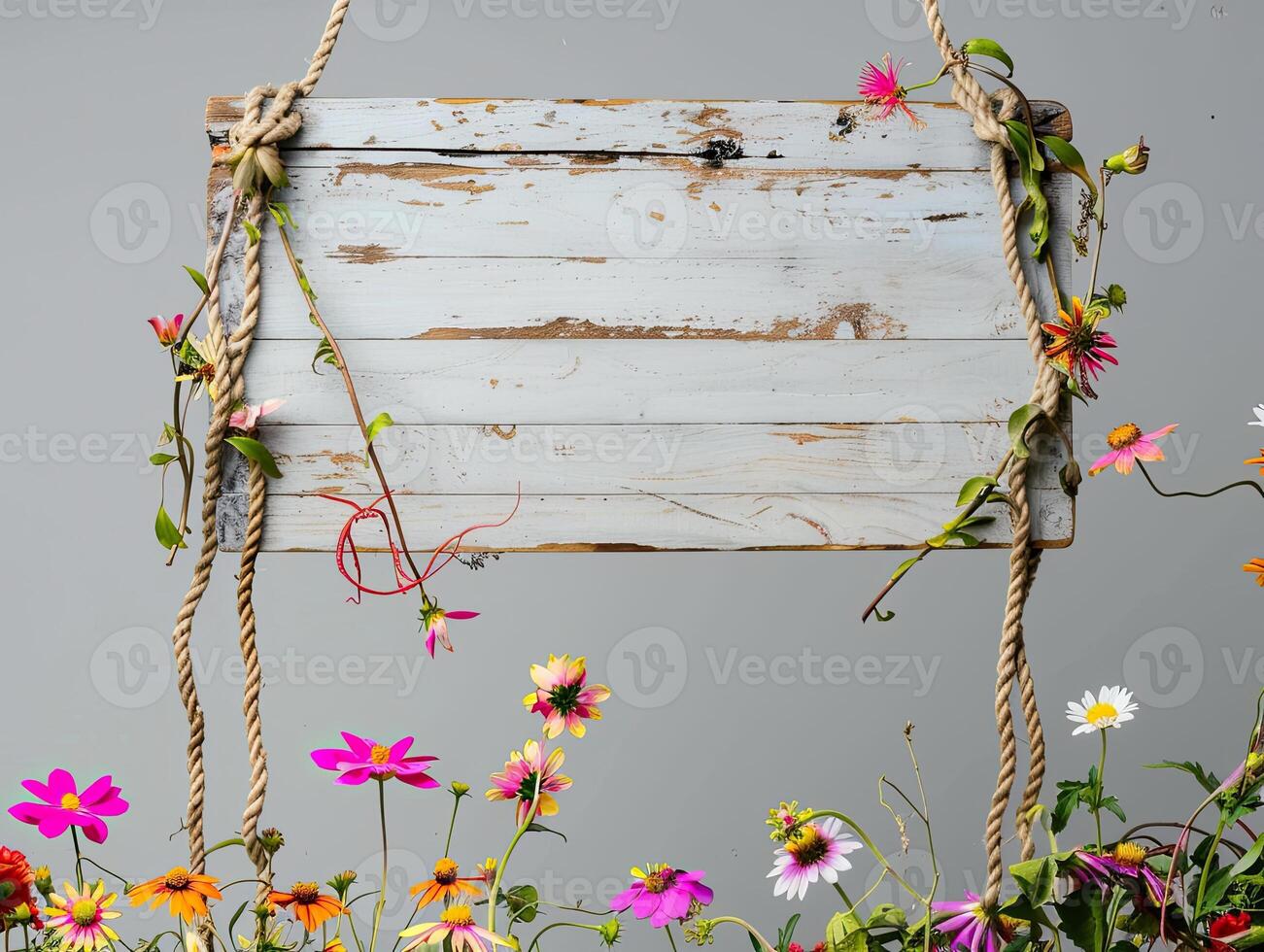 AI generated A handmade wooden sign hung by vine ropes and surrounded by colorful flowers photo