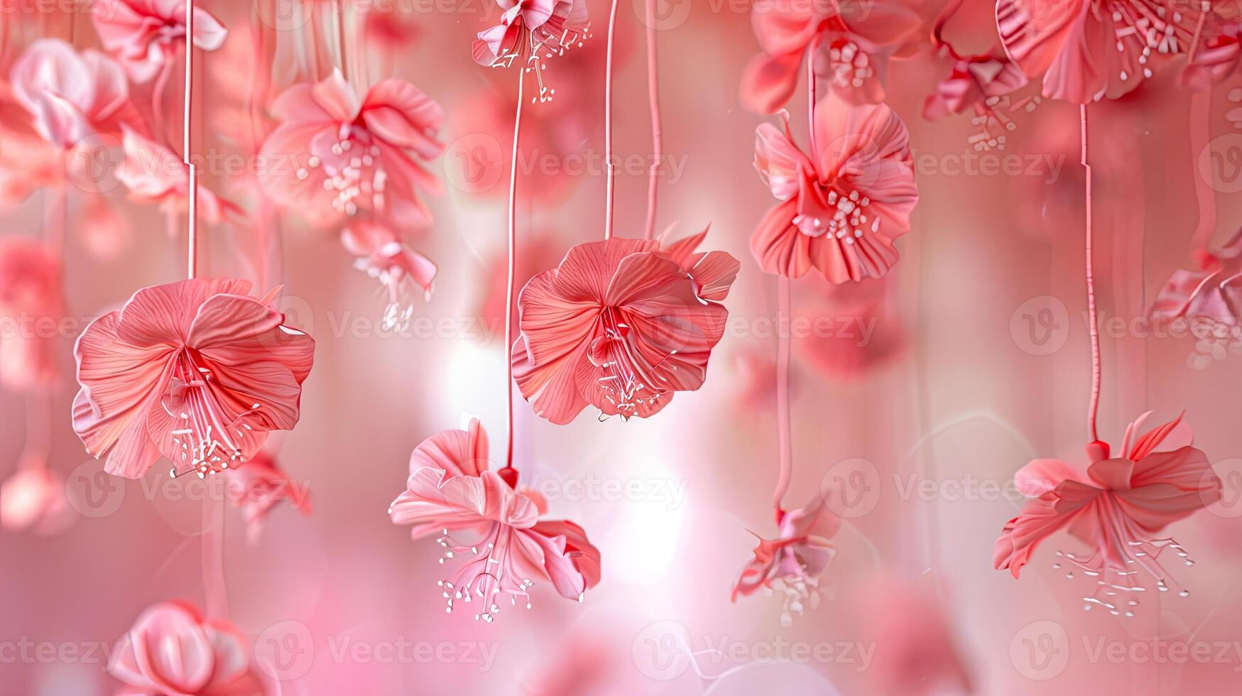 AI generated hanged floated flowers, pink theme photo