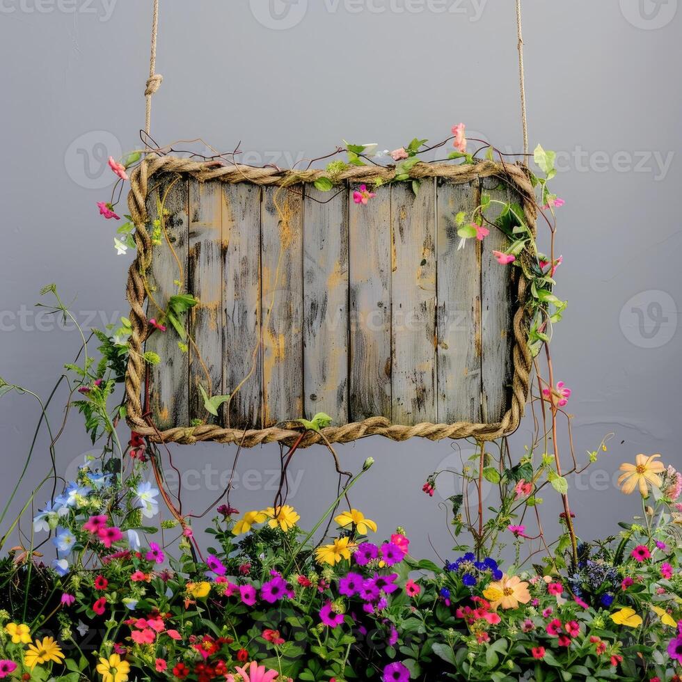 AI generated A handmade wooden sign hung by vine ropes and surrounded by colorful flowers photo