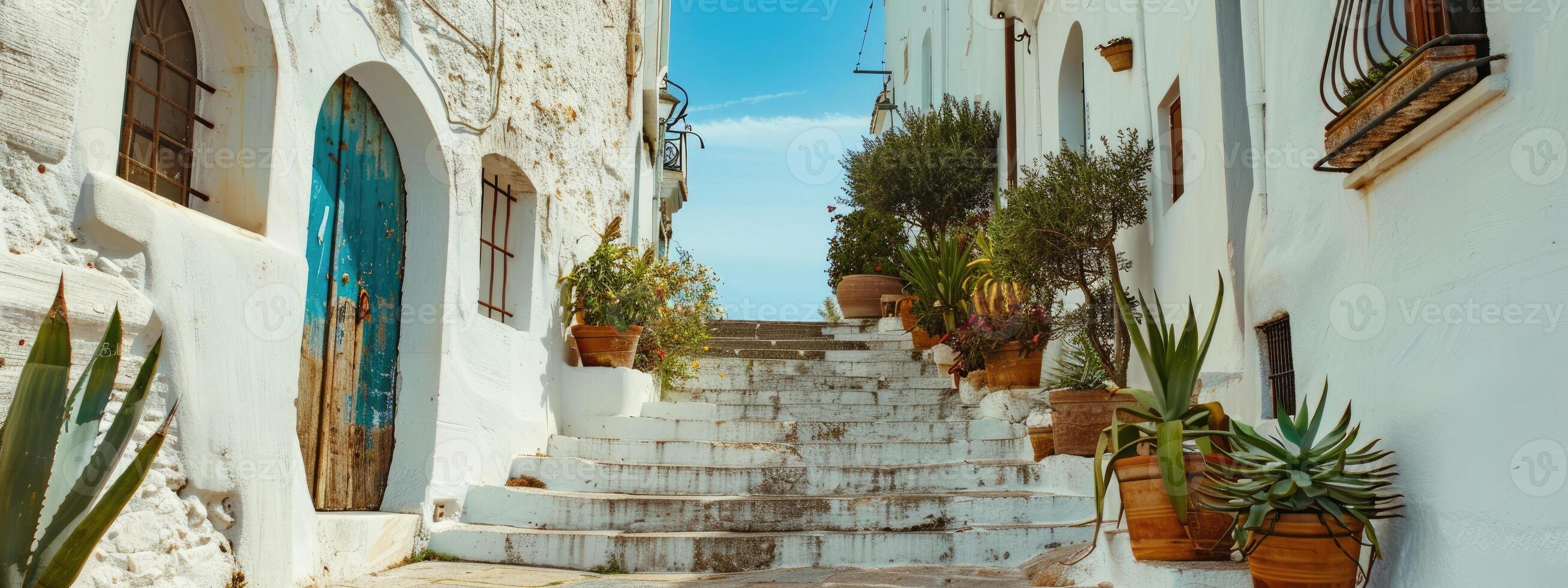 ai generado el Entrada de un blanco pueblo en Italia foto