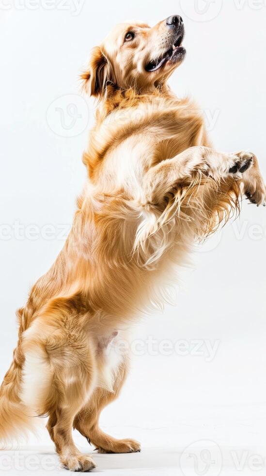 AI generated a playful dog standing on its hind legs on white background photo