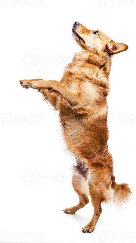 AI generated a playful dog standing on its hind legs on white background photo