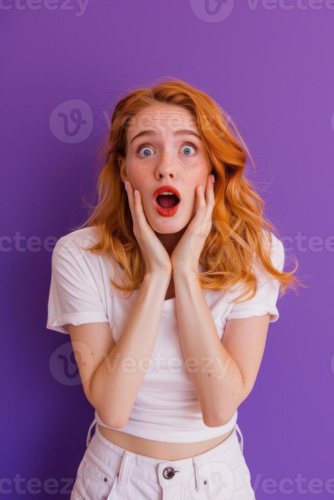 AI generated A woman looking shocked on colored background photo