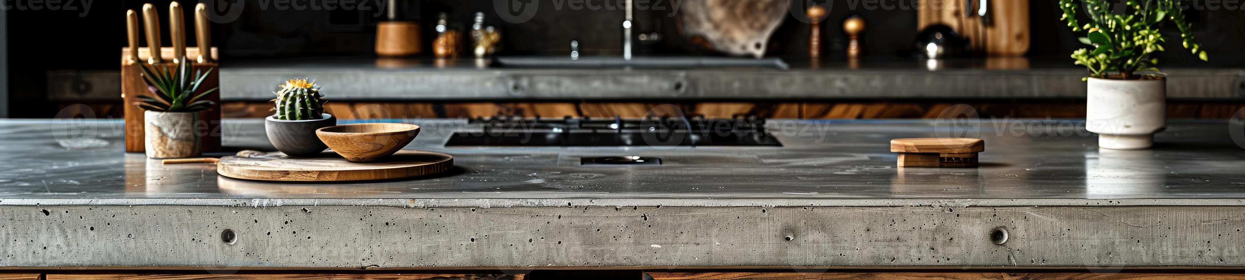 ai generado cocina mesa de trabajo detalle. hormigón mesa de trabajo y madera cajones foto