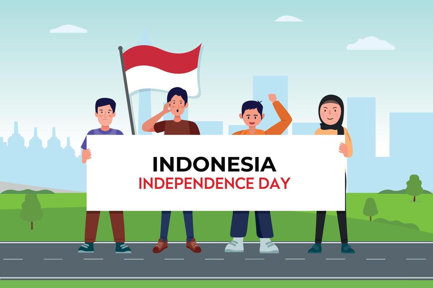 indonesio independencia celebraciones día vector ilustración bandera y social medios de comunicación enviar diseño colocar, Indonesia nacional república celebrar evento día póster plantilla, con bandera, contento democracia.