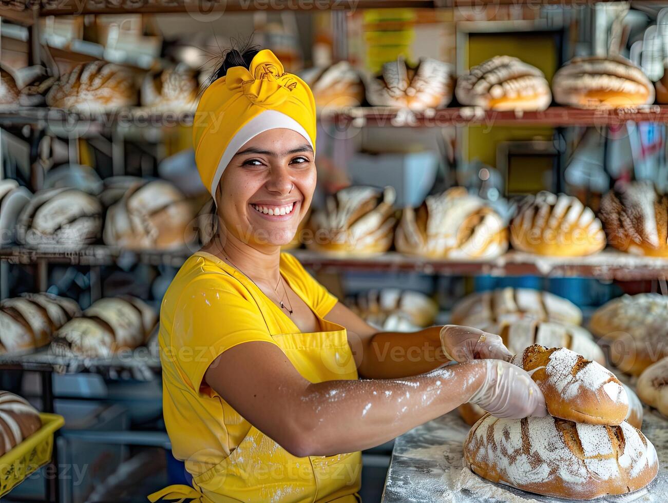 AI generated A baker in a bakery, she is baking bread with a smile photo