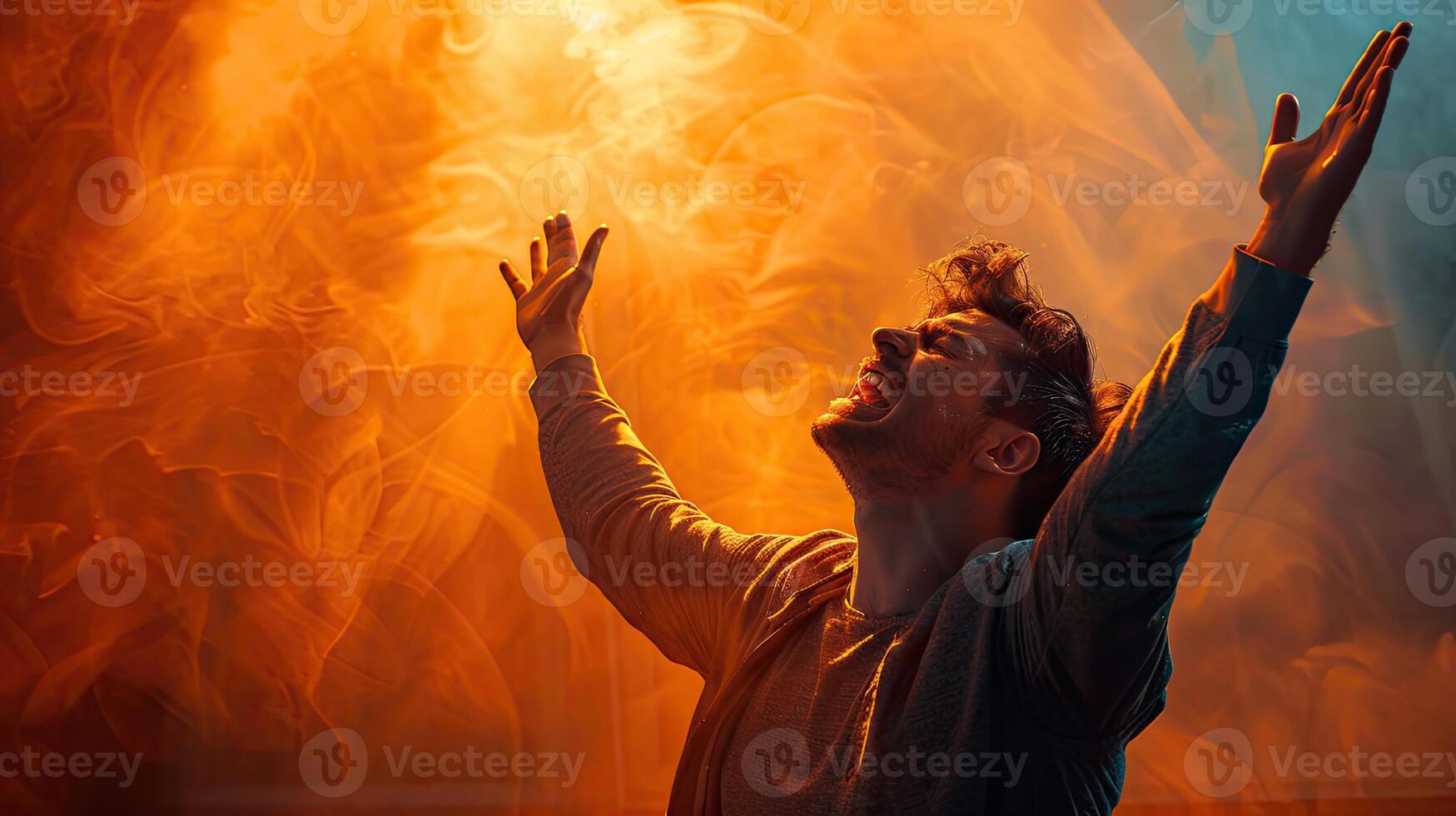 ai generado un cristiano hombre Orando a Dios llorando y emocional con su brazos elevado foto