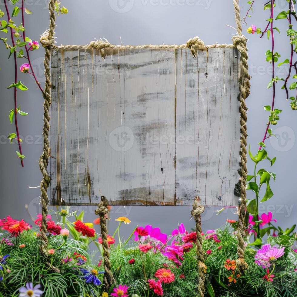 AI generated A handmade wooden sign hung by vine ropes and surrounded by colorful flowers photo