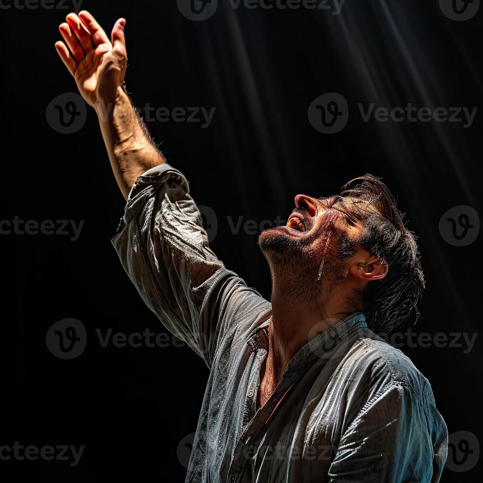 AI generated A Christian man praying to God crying and emotional with his arms raised photo