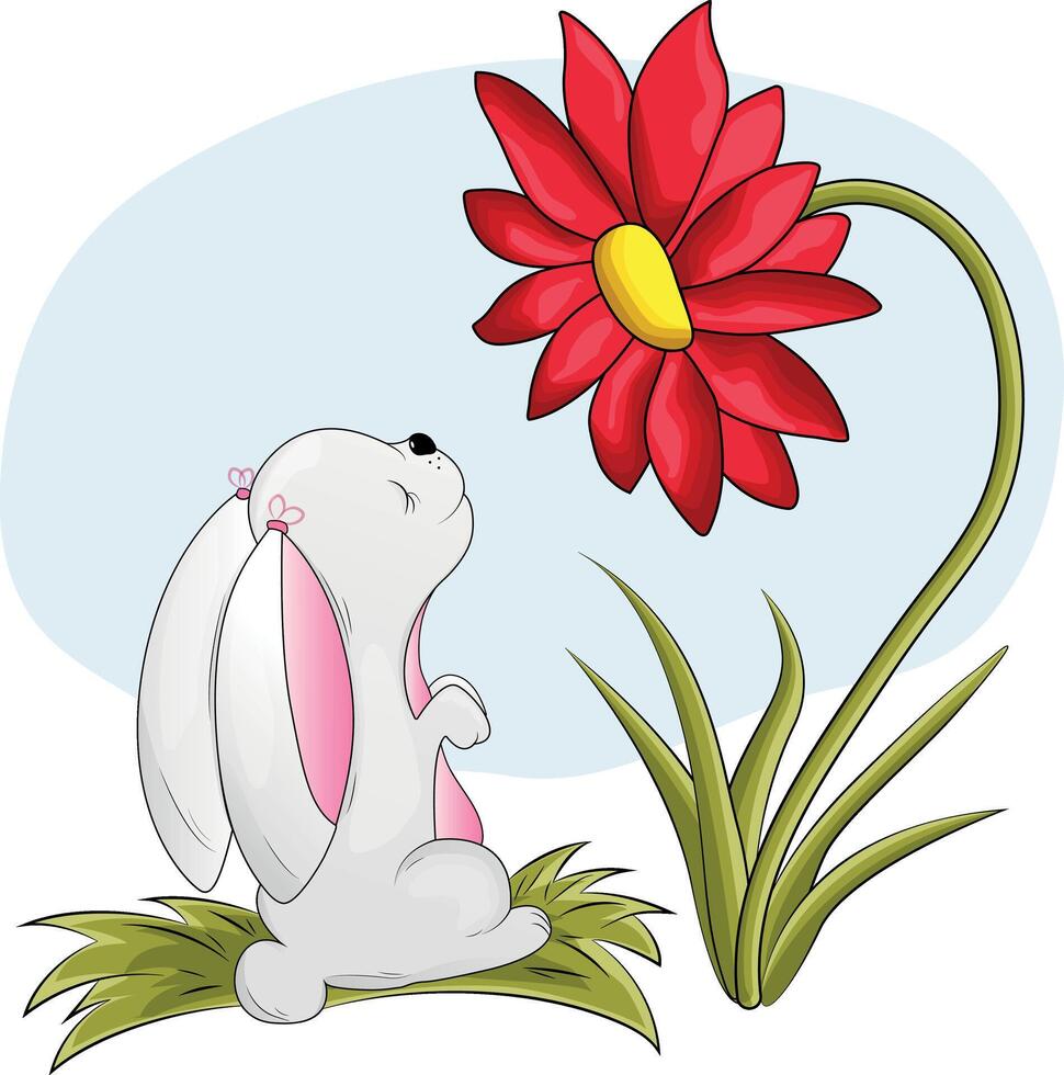 conejito y un flor. dibujos animados ilustración de un conejito niña con rojo flor. vector