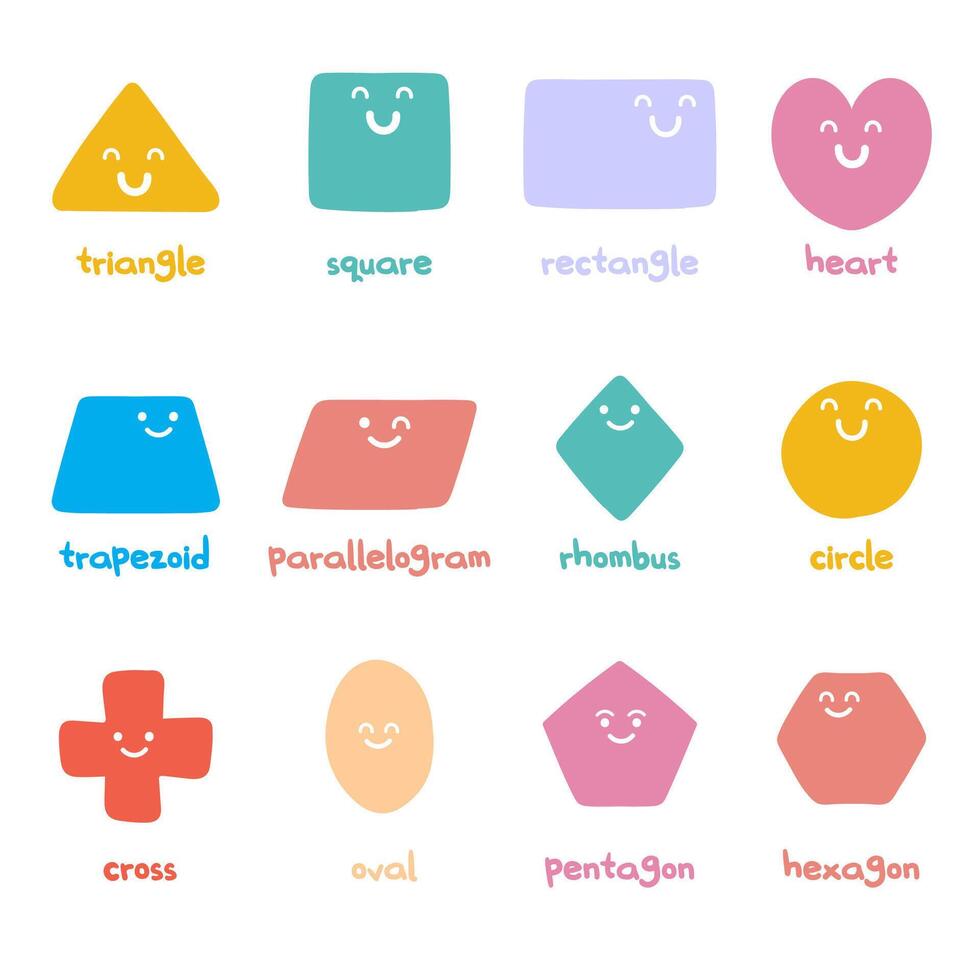 set of basic geometric shapes with cute cartoon faces vector