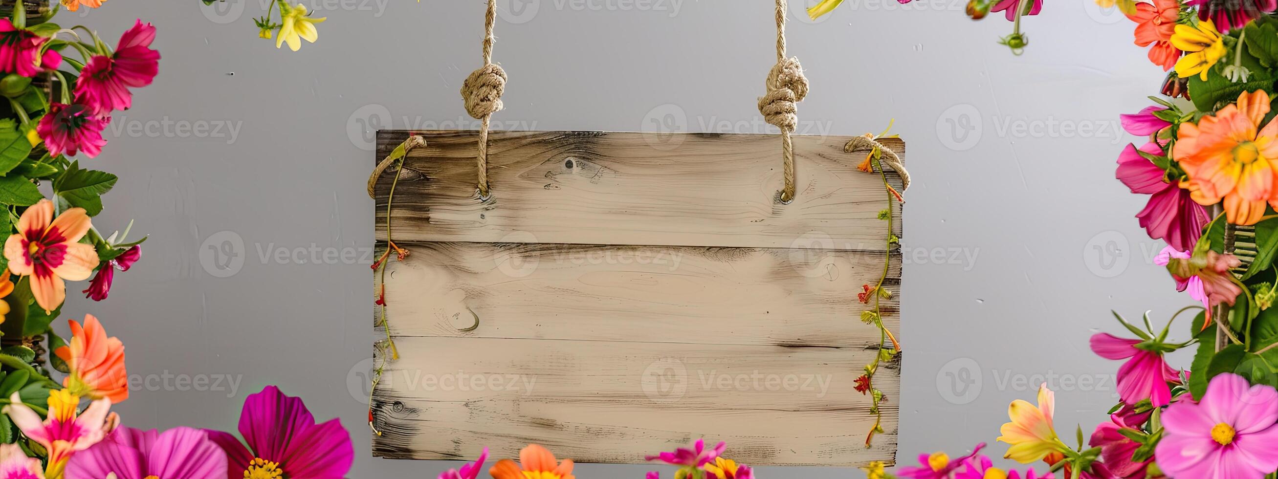 AI generated A handmade wooden sign hung by vine ropes and surrounded by colorful flowers photo