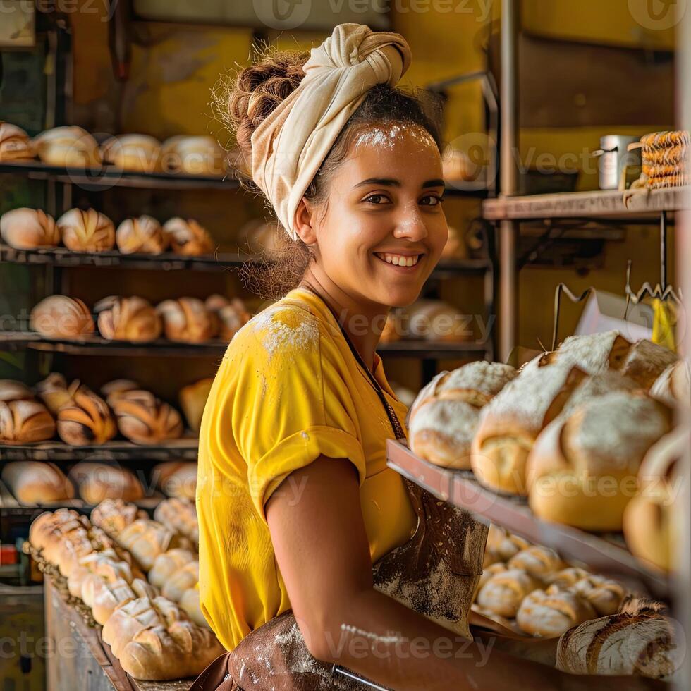 AI generated A baker in a bakery, she is baking bread with a smile photo