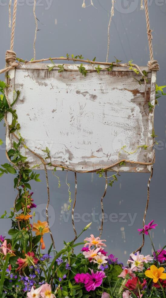 AI generated A handmade wooden sign hung by vine ropes and surrounded by colorful flowers photo