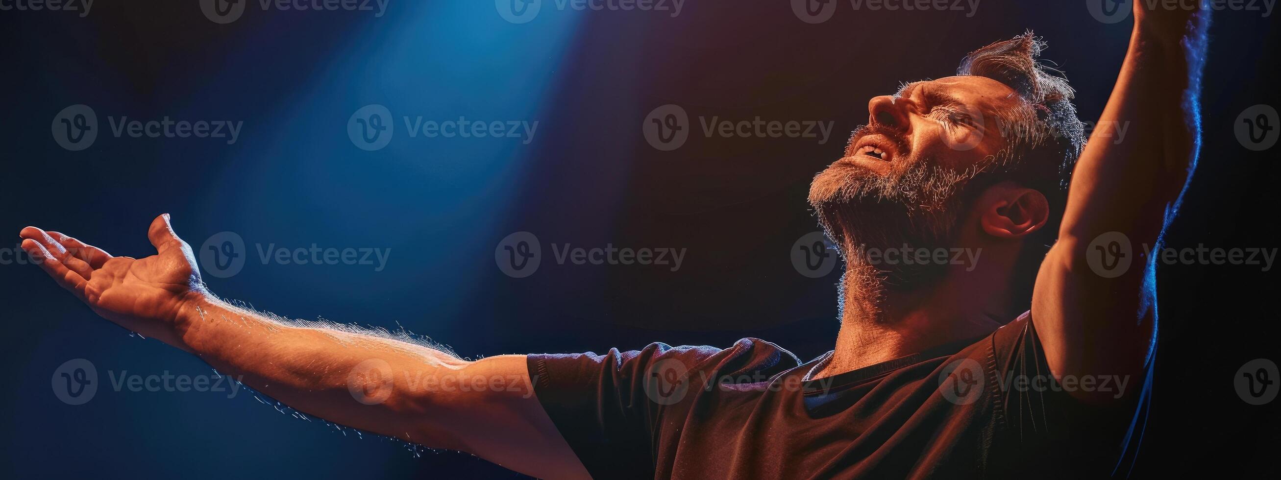 AI generated A Christian man praying to God crying and emotional with his arms raised photo