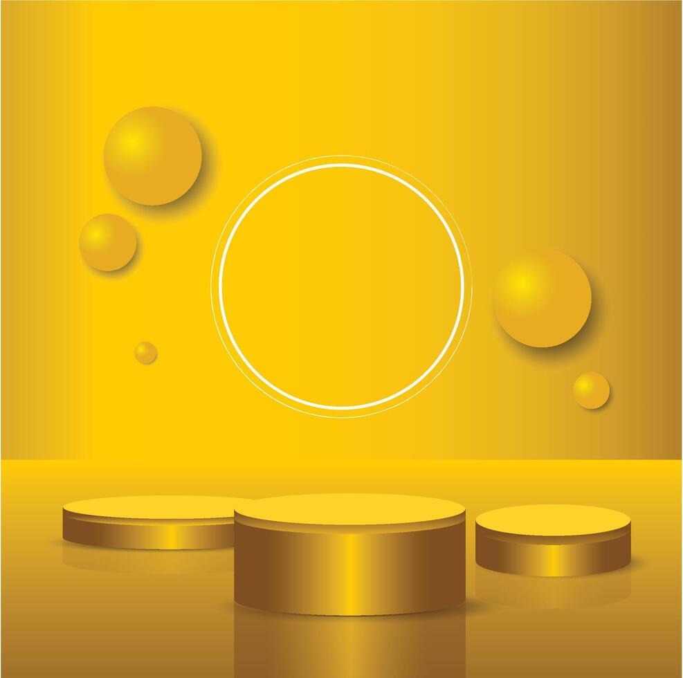 podio de oro vacío con anillo de neón amarillo de línea en el fondo. procesamiento 3d escena abstracta oscura con pedestal flotando en el aire y marco circular de neón vector