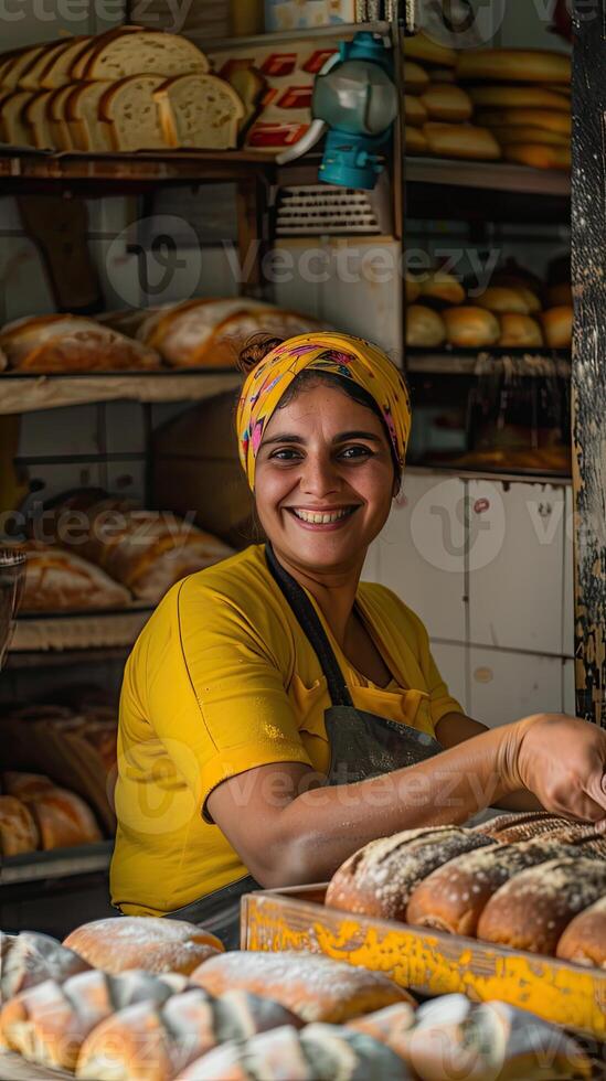 AI generated A baker in a bakery, she is baking bread with a smile photo