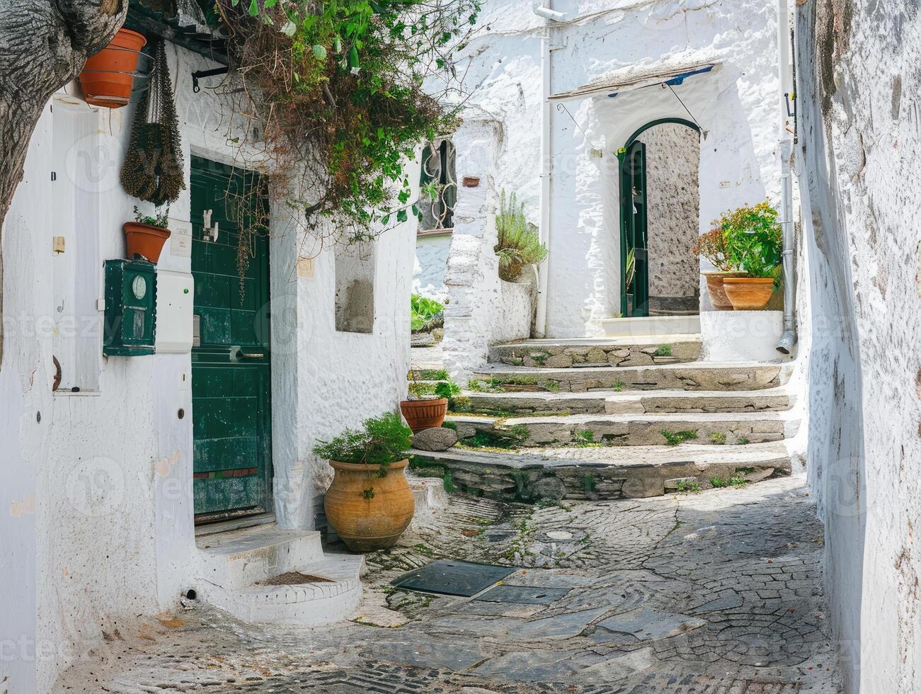 ai generado el Entrada de un blanco pueblo en Italia foto