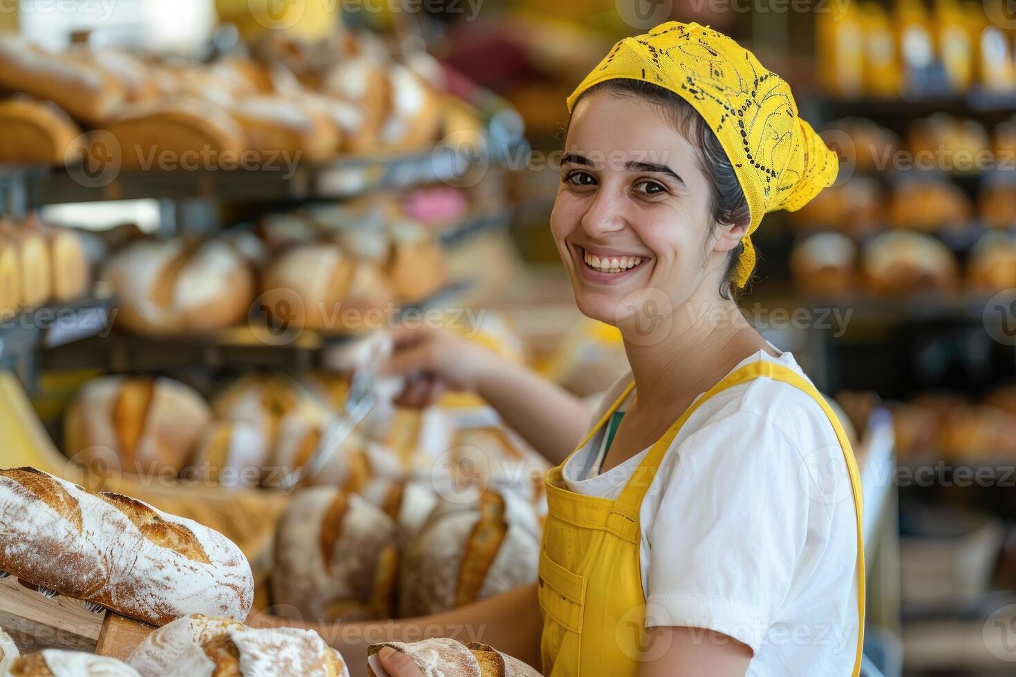 AI generated A baker in a bakery, she is baking bread with a smile photo