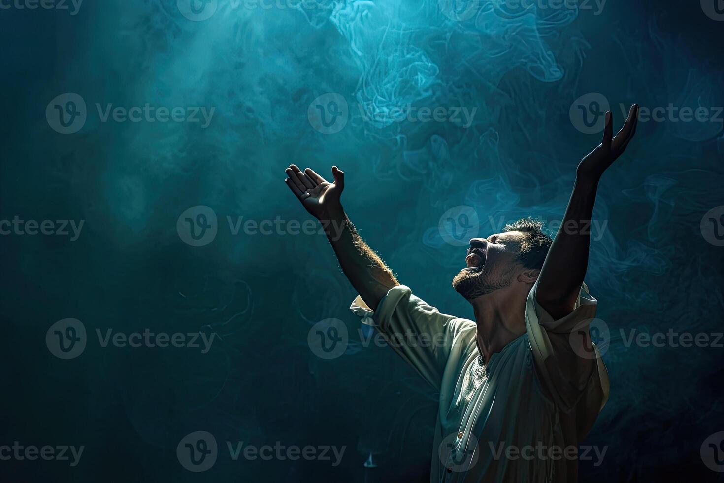 AI generated A Christian man praying to God crying and emotional with his arms raised photo