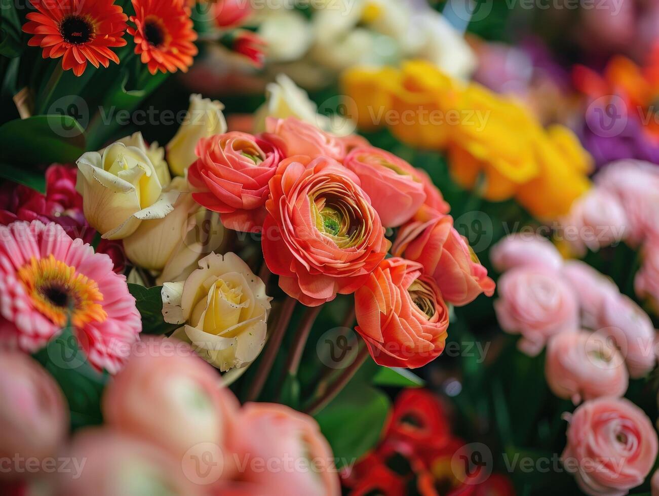 AI generated bouquet of fresh colorful flowers on display photo