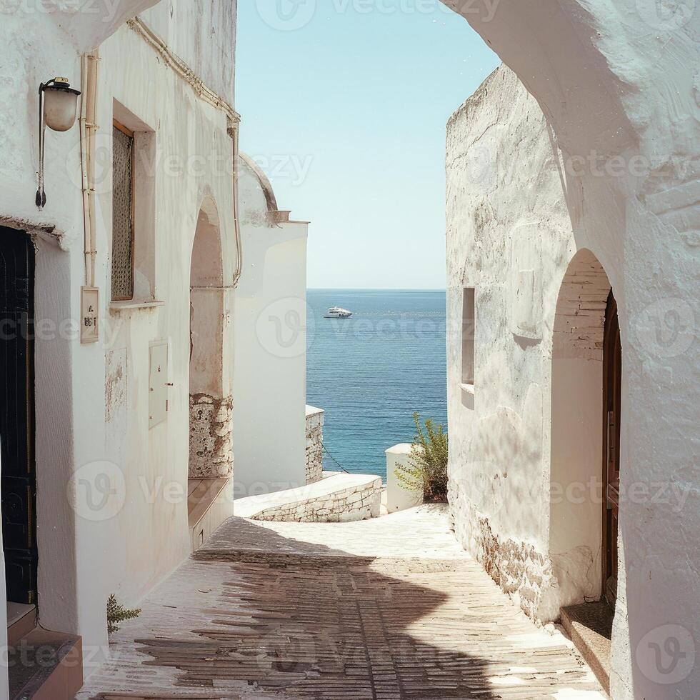 ai generado el Entrada de un blanco pueblo en Italia foto