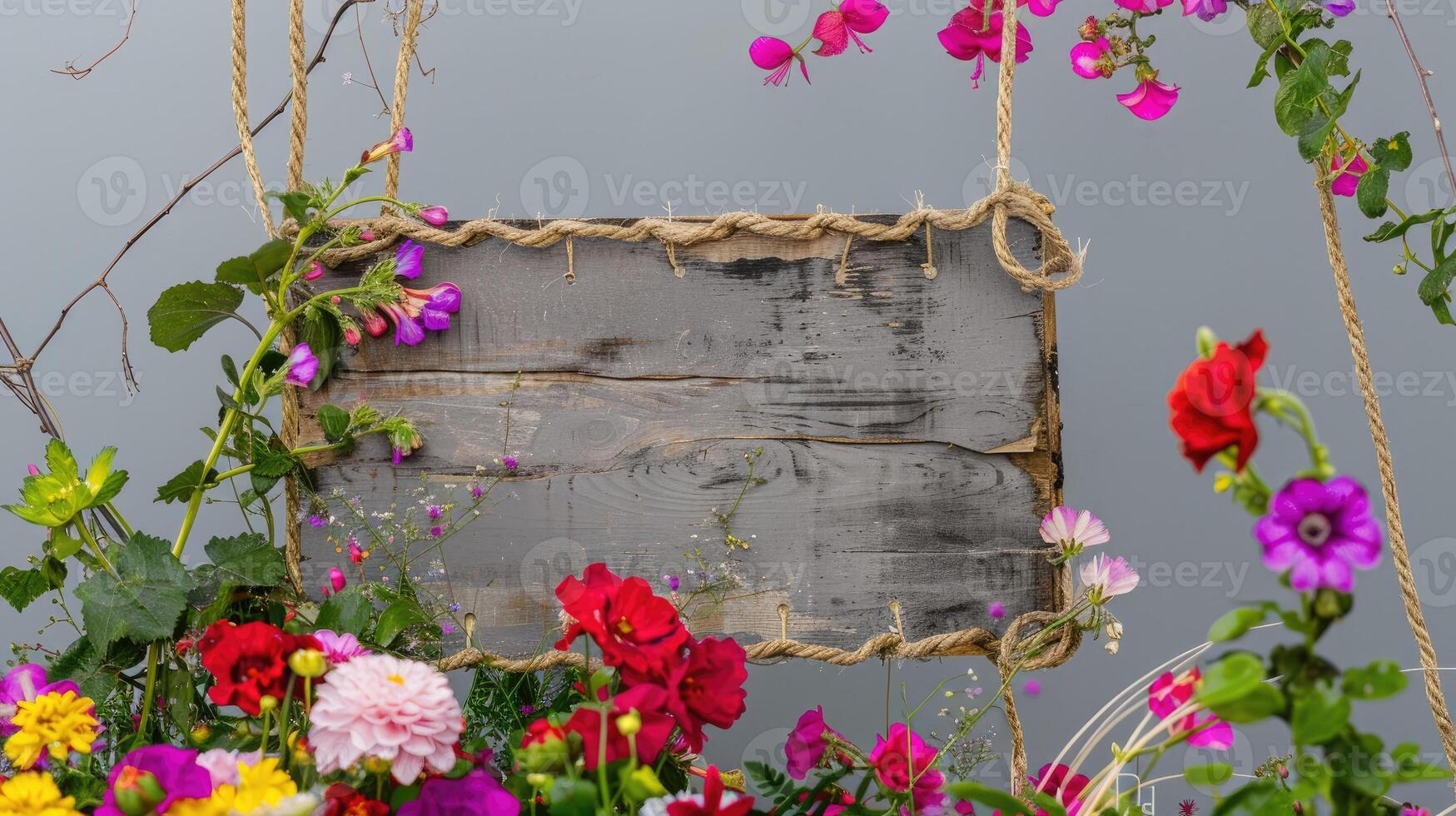 AI generated A handmade wooden sign hung by vine ropes and surrounded by colorful flowers photo