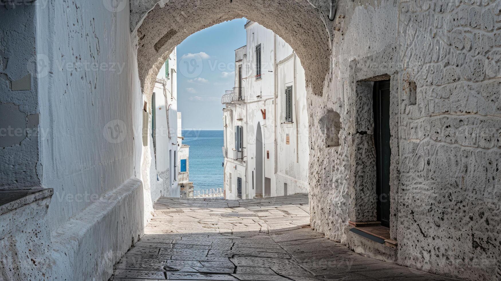 ai generado el Entrada de un blanco pueblo en Italia foto